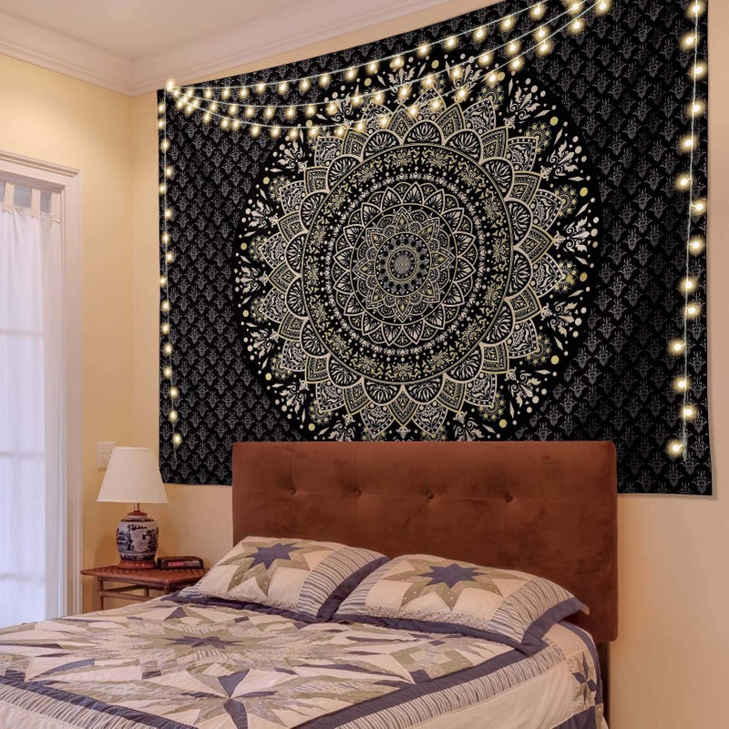 Edeesky Black Golden Mandala Tapestry Wall Hanging Psychedelic Medallion Wall Tapestry Aesthetic Indian Hippie Decor Bohemian Art Boho Home Decoration for Bedroom,Living Room,Dorm - Image 3