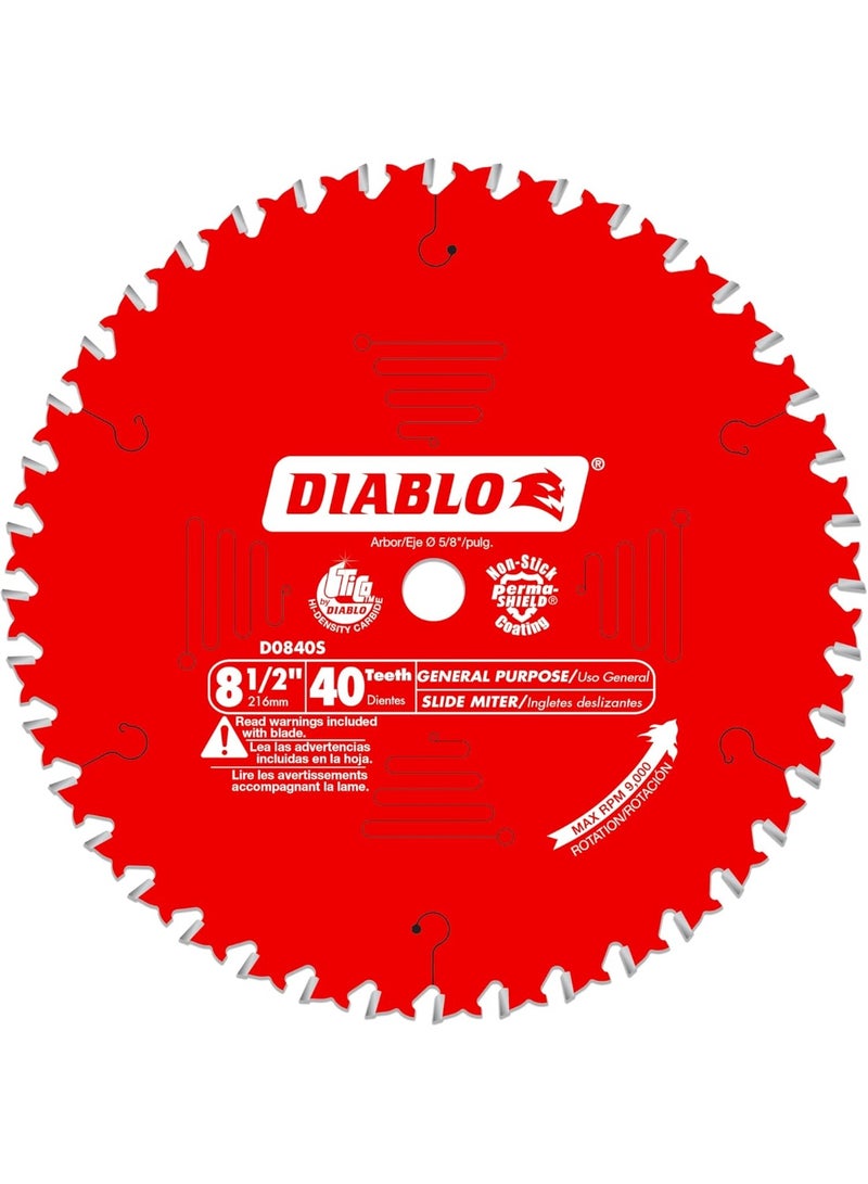 Diablo Diablo General Purpose Saw Blade for Wood - 8-1/2" Diameter, 40 ATB Teeth, 5/8" Arbor, .094" Kerf, 15° Hook Angle, .063" Plate, 9000 Max RPM - D0840S 
