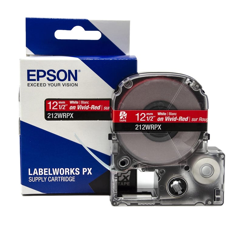 LABELWORKS Epson 212WRPX Genuine PET (Polyester) Tape Cartridge - White on Red Label Maker Tape - 1/2" (12MM) Wide, 30' - Image 1