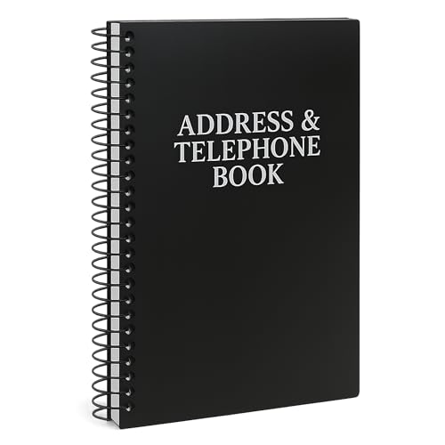 Iconikal Address Telephone Book, 8x5-Inch, Black, Spiral-Bound, 384 Contacts, Organizer for Organizing Names, Addresses, Email, Cell Phone Numbers - Image 1