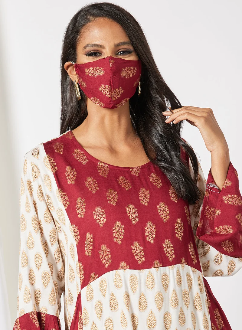 HANA & SARA Simple Printed Jalabiya With Facemask In Cotton