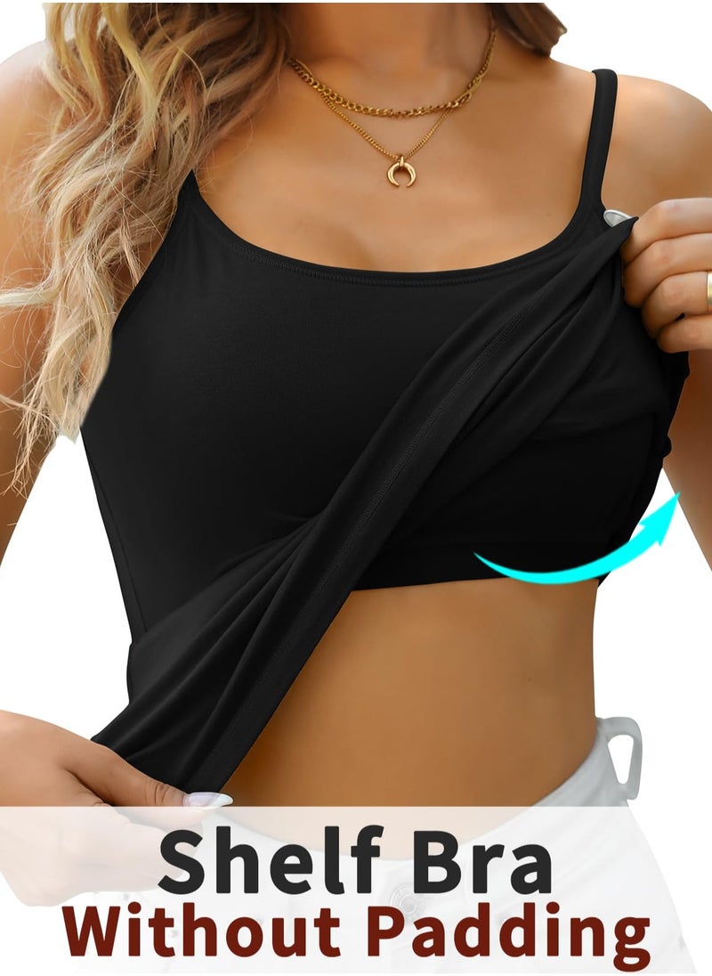 Mesery - Bundle Of (2) Shelf Bra Camisoles Adjustable Spaghetti Strap Tank Tops Scoop Neck Layer Cami - Black - Image 1