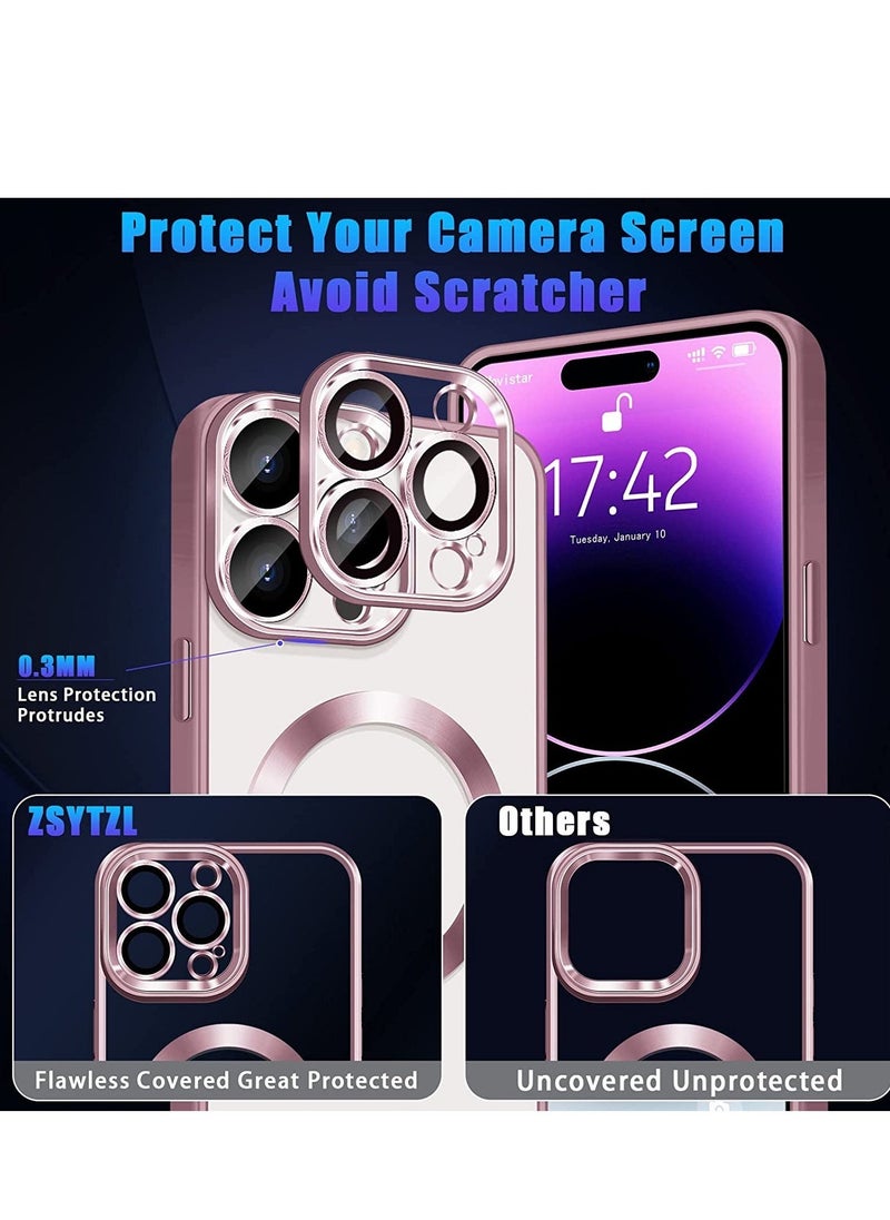 Raxoom Compatible with iPhone 14 Pro Max Case Magnetic with Full Camera Lens Protective,Electroplated Silicone Clear Shockproof Protective Case Cover 6.7 Inch (Pink) - Image 4