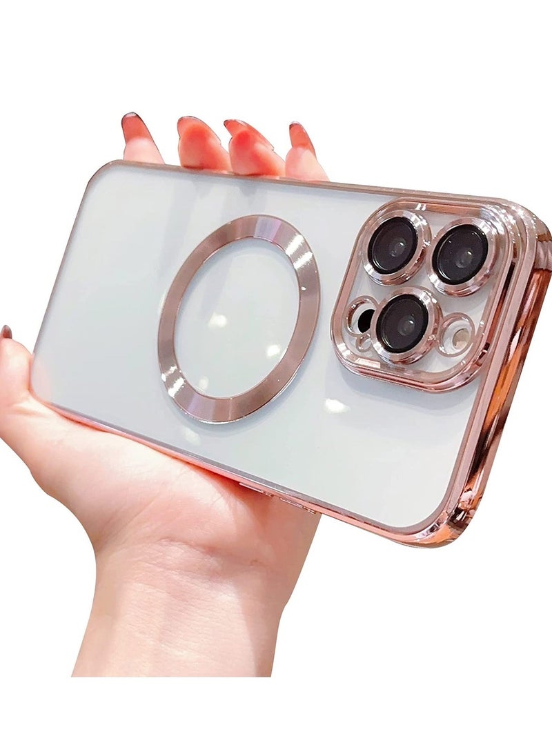 Raxoom Compatible with iPhone 14 Pro Max Case Magnetic with Full Camera Lens Protective,Electroplated Silicone Clear Shockproof Protective Case Cover 6.7 Inch (Pink) - Image 1