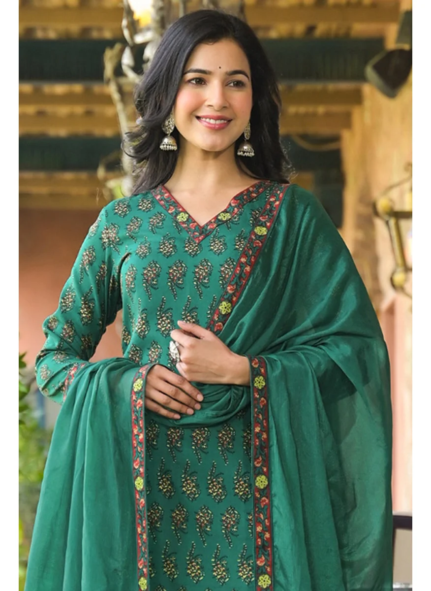 زيري سوق Green Viscose Rayon Floral Printed Straight 3-Piece Kurta Set