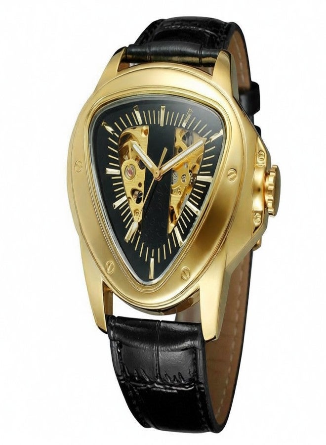 وينر ساعة يد رجالية فاخرة أوتوماتيكية ميكانيكية، بتصميم رياضي أنيق، ومينا مثلث، وهيكل عظمي ذهبي غامض. - Image 1