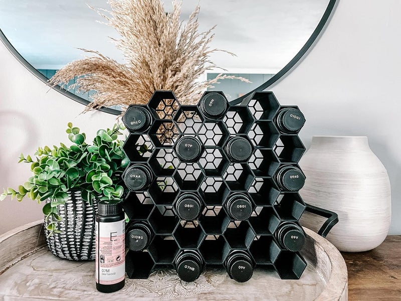 Hair Dye Hexagon Holder - 34mm Diameter Bottles - Hair Stylist Dye Holder Rack | Holds 42 Bottles Per Section