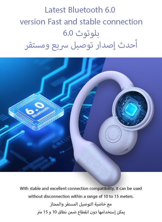 WAPIK Korean Brand R7 Open Ear Wireless Earbuds Bluetooth 6.0 OWS Sports Headphones, 4-Mic ENC Clear Call, 6H Playtime, 400mAh Charging Case, IPX6 Waterproof, Touch Control, True Wireless Earphones – Purple - Image 3