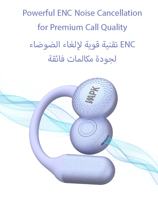 WAPIK Korean Brand R7 Open Ear Wireless Earbuds Bluetooth 6.0 OWS Sports Headphones, 4-Mic ENC Clear Call, 6H Playtime, 400mAh Charging Case, IPX6 Waterproof, Touch Control, True Wireless Earphones – Purple - Image 5