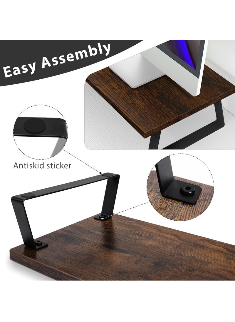 Dual Wooden Monitor Stand 3-Parts Adjustable Bamboo Wood Desktop Organizer for Office/Home, Multi-Functional Shelf with Small Plant Decor, Ergonomic Workspace Efficiency Booster