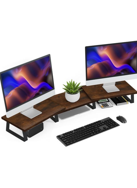 Dual Wooden Monitor Stand 3-Parts Adjustable Bamboo Wood Desktop Organizer for Office/Home, Multi-Functional Shelf with Small Plant Decor, Ergonomic Workspace Efficiency Booster