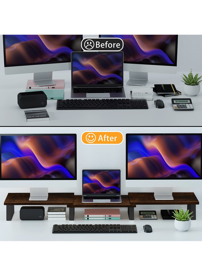 Dual Wooden Monitor Stand 3-Parts Adjustable Bamboo Wood Desktop Organizer for Office/Home, Multi-Functional Shelf with Small Plant Decor, Ergonomic Workspace Efficiency Booster