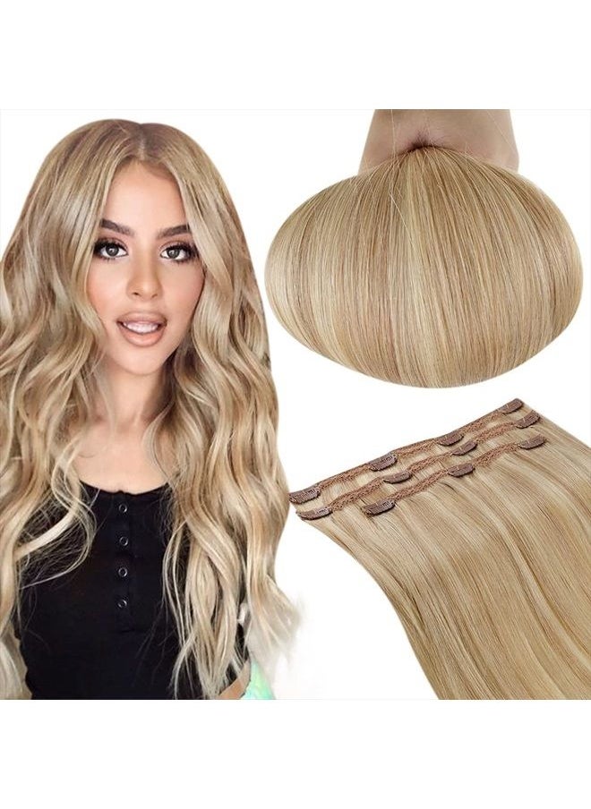 RUNATURE Clip in Hair Extensions Golden Blonde Highligh Light Blonde Hair Extensions Real Human Hair Double Weft Clip in Human Hair Extensions 14 Inch 50g 3pcs  - Image 1