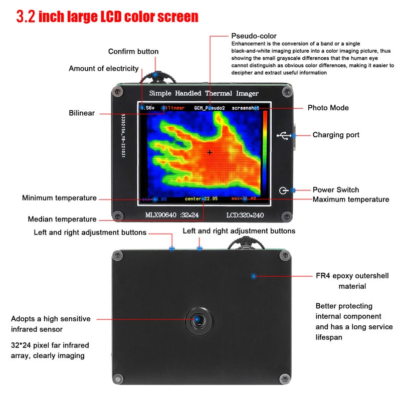 24 * 32 Pixel Infrared Sensor Simple Handheld Thermal Imager Portable 3.2inch LCD Display 240*320 Resolution Clear Definition Imaging Camera -40℃ to 300℃ Temperature Measurement Instrument - Image 4