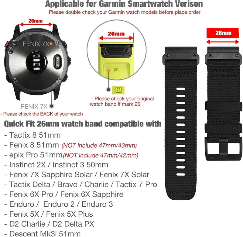 Abanen Rugged Nylon Watch Bands for Garmin Fenix 7X / Fenix 6X / Fenix 5X/Enduro 2, Quick Fit 26mm Adjustable Woven Nylon Sports Wrist Strap with Stainless Steel Clasp for Tactix 7 Pro, epix Pro 51mm - Image 2