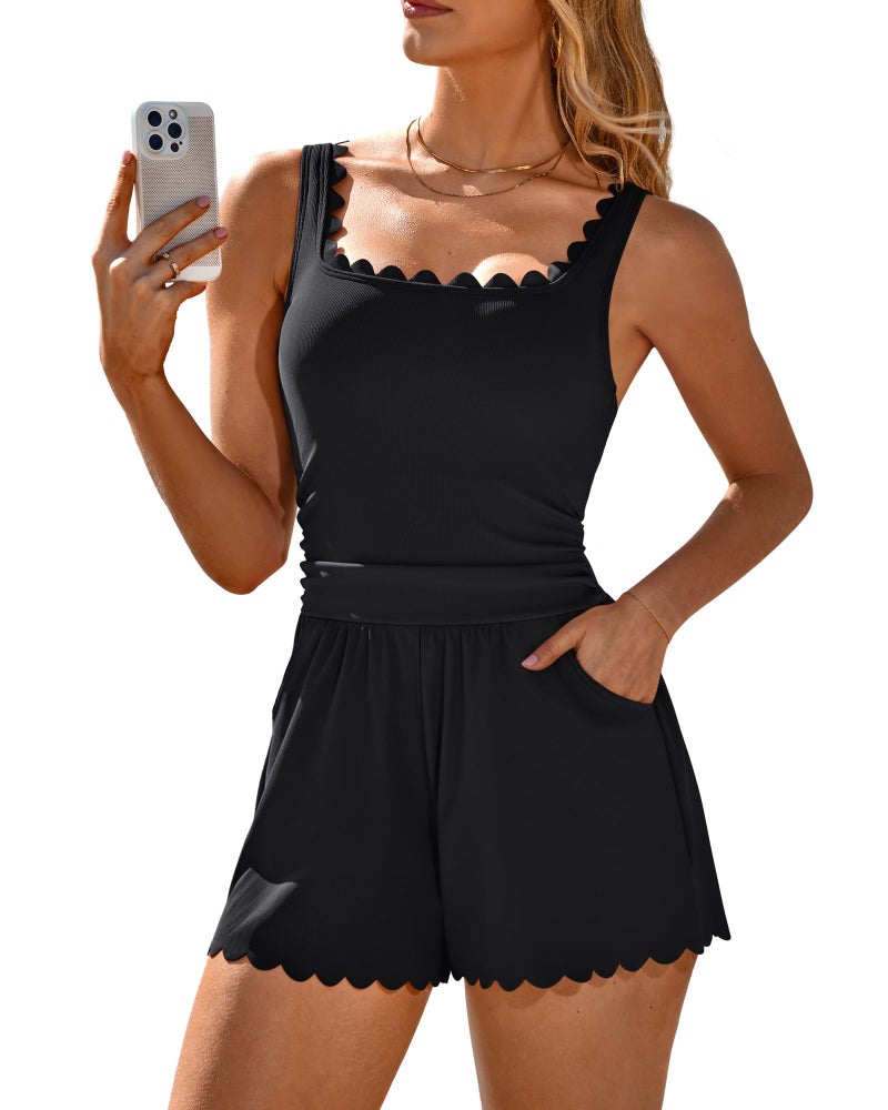 Charmo Women Swim Romper 2026 Slimming One Piece Swimsuit Full Coverage Tummy Control Bathing Suit with Shorts Black L - Image 1