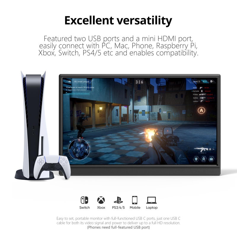 Anyuse Portable Monitor 15.6 Inch 1080P USB-C HDMI Ultra-Slim Travel Monitor with Kickstand, for Laptop, PC, Mac Phone, PS, Xbox, Swich IPS Ultra-Thin Zero Frame Gaming - Image 5