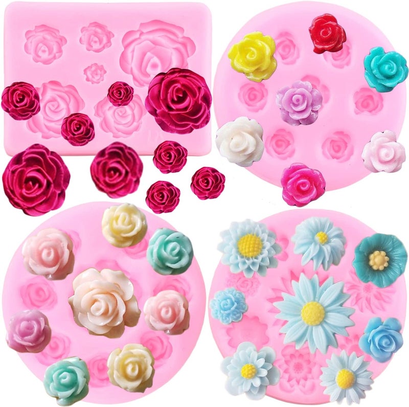 zixiang Rose Flower Silicone Molds Daisy Flower Fondant Mold For Cake Decorating Cupcake Topper Candy Polymer Clay Chocolate Gum Paste Set of 4 - Image 1