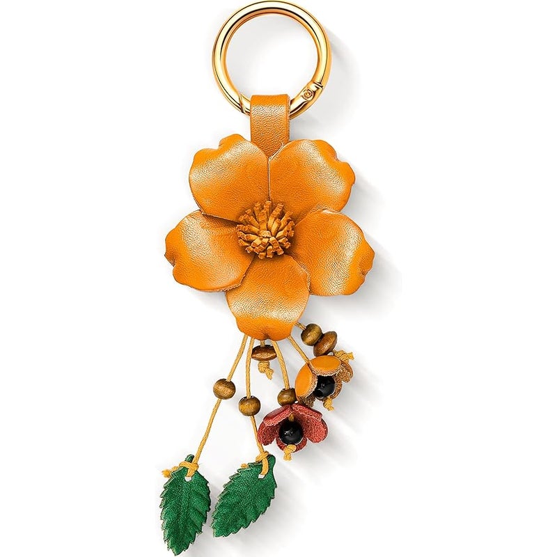 Inbagi Leather Leaf Flower Tassel Keychain Boho Accessories Cute Keychains for Women Wallet Bag Purse Ring Pendant Charms - Image 1