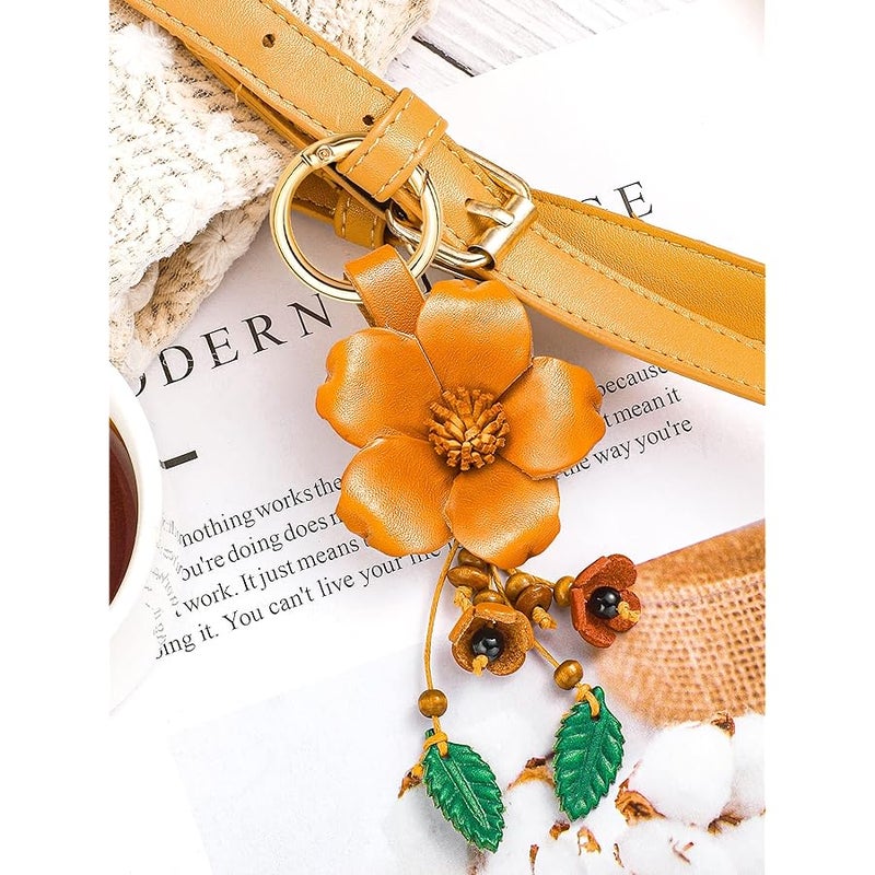Inbagi Leather Leaf Flower Tassel Keychain Boho Accessories Cute Keychains for Women Wallet Bag Purse Ring Pendant Charms - Image 4