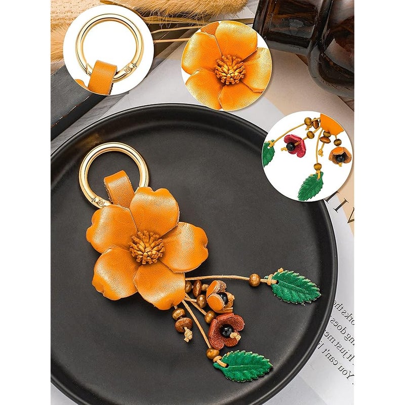 Inbagi Leather Leaf Flower Tassel Keychain Boho Accessories Cute Keychains for Women Wallet Bag Purse Ring Pendant Charms - Image 3
