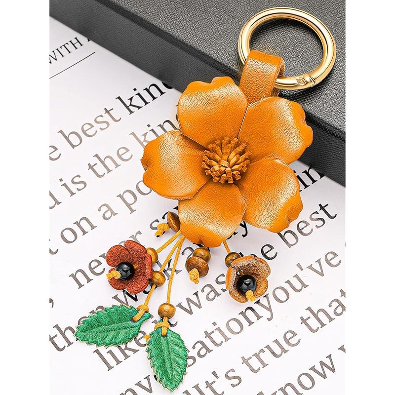 Inbagi Leather Leaf Flower Tassel Keychain Boho Accessories Cute Keychains for Women Wallet Bag Purse Ring Pendant Charms - Image 2