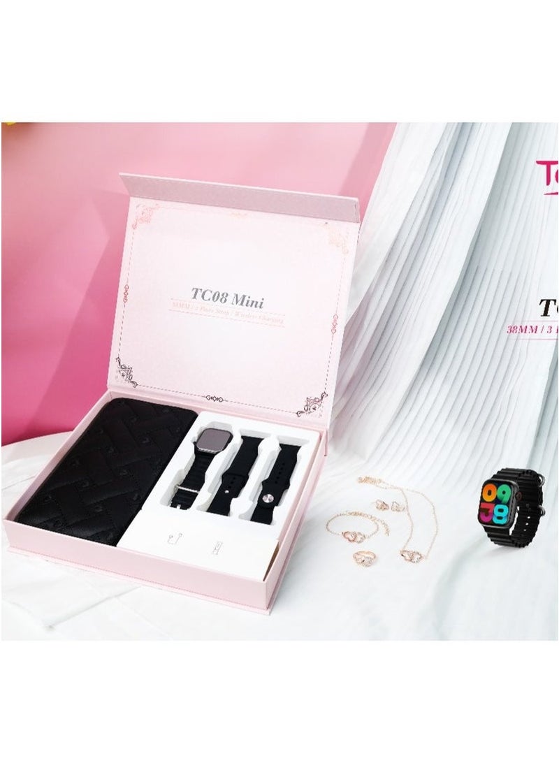 Telzeal TC 08 Mini Smart Watch for Women in Black – Fashion Gift Set with 3 Interchangeable Watch Straps, Elegant Handbag, Matching Earrings, Ring & Necklace Chain – Stylish Digital Watch Combo for Ladies – Ideal Gift for Birthdays, Eid & Daily Use  - Image 1