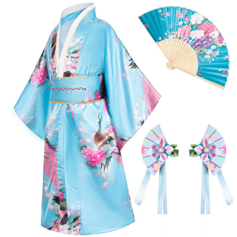 Japanese Traditional Dress Kimono Robe for Kids Girls Costume Silk Folding Fans hairstick SetSkyblue100cm