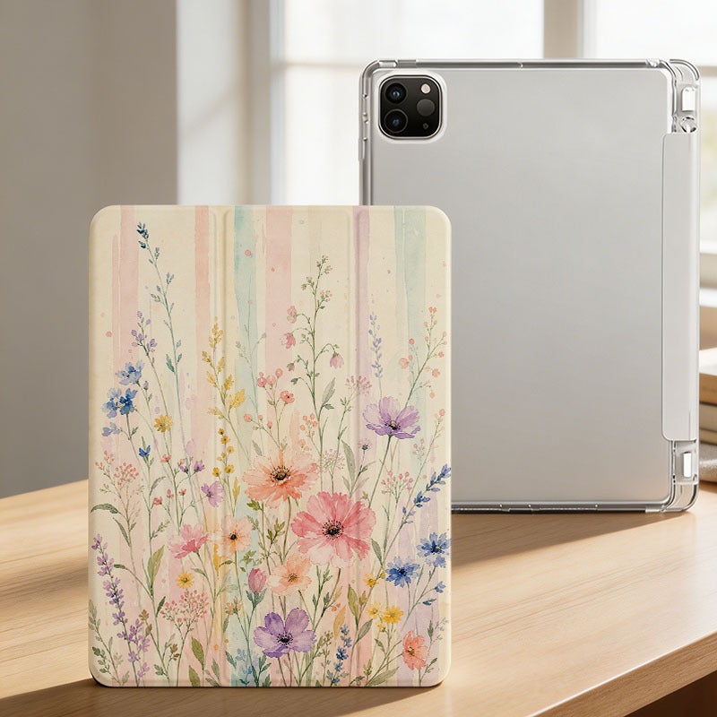 Tablet Case for iPad, Pastel Vertical Stripe Wildflowers, iPad Slim Case for Mini Air Pro 4 5 6 7 8 9 10 11 12, Compatible with 7.9 8.3 9.7 10.2 10.5 10.9 11 12.9 13 inch Clear Slim Shockproof Cover with Stand for Women - Image 3