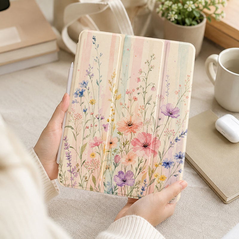 Tablet Case for iPad, Pastel Vertical Stripe Wildflowers, iPad Slim Case for Mini Air Pro 4 5 6 7 8 9 10 11 12, Compatible with 7.9 8.3 9.7 10.2 10.5 10.9 11 12.9 13 inch Clear Slim Shockproof Cover with Stand for Women - Image 5