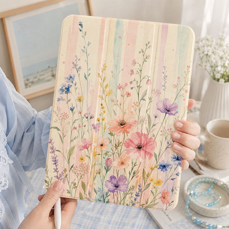Tablet Case for iPad, Pastel Vertical Stripe Wildflowers, iPad Slim Case for Mini Air Pro 4 5 6 7 8 9 10 11 12, Compatible with 7.9 8.3 9.7 10.2 10.5 10.9 11 12.9 13 inch Clear Slim Shockproof Cover with Stand for Women - Image 1