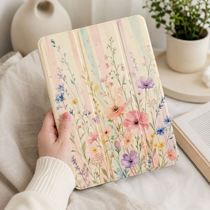 Tablet Case for iPad, Pastel Vertical Stripe Wildflowers, iPad Slim Case for Mini Air Pro 4 5 6 7 8 9 10 11 12, Compatible with 7.9 8.3 9.7 10.2 10.5 10.9 11 12.9 13 inch Clear Slim Shockproof Cover with Stand for Women - Image 4