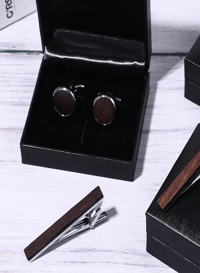 Avaner Men's Tie Clip Cufflinks: 3 Pcs Wooden Metal Tie bar Cufflink Set for Men - Image 2