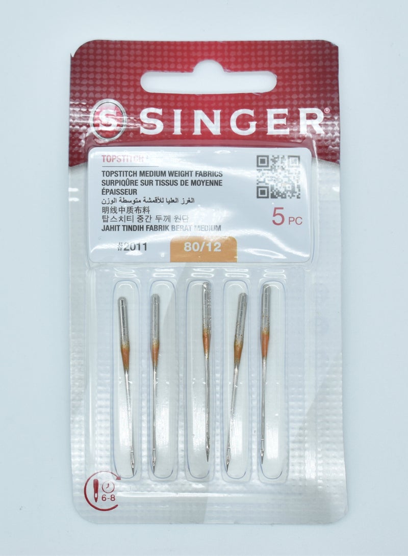 SINGER TOP STITCH NEEDLE SIZE 80/12 METALIC THREAD (LARGE EYE) (PACK OF 5 NEEDLE) BRAZIL
