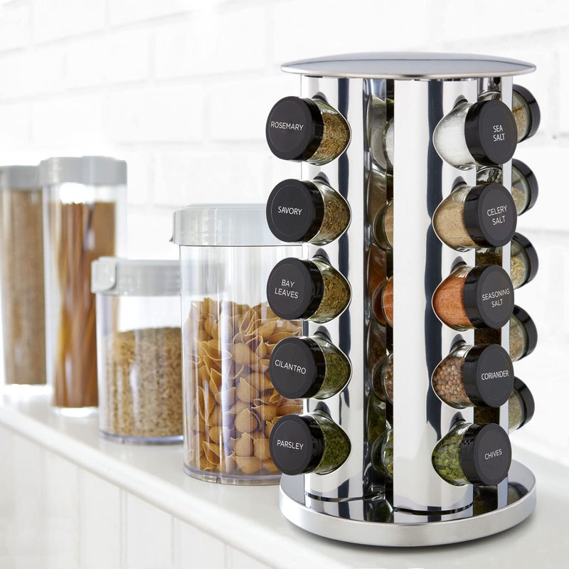 Kamenstein 20 Jar Revolving Countertop Spice Rack with Spices Included, FREE Spice Refills for 5 Years, Polished Stainless Steel with Black Caps, 30020 - Image 5