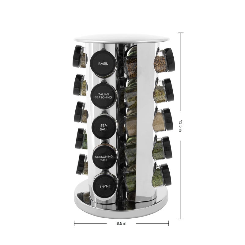 Kamenstein 20 Jar Revolving Countertop Spice Rack with Spices Included, FREE Spice Refills for 5 Years, Polished Stainless Steel with Black Caps, 30020 - Image 2