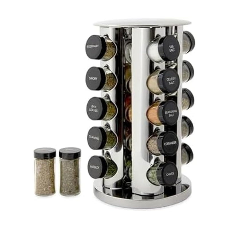 Kamenstein 20 Jar Revolving Countertop Spice Rack with Spices Included, FREE Spice Refills for 5 Years, Polished Stainless Steel with Black Caps, 30020 - Image 1
