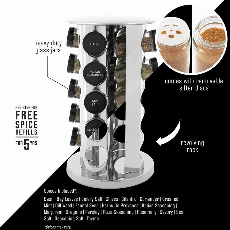 Kamenstein 20 Jar Revolving Countertop Spice Rack with Spices Included, FREE Spice Refills for 5 Years, Polished Stainless Steel with Black Caps, 30020 - Image 3