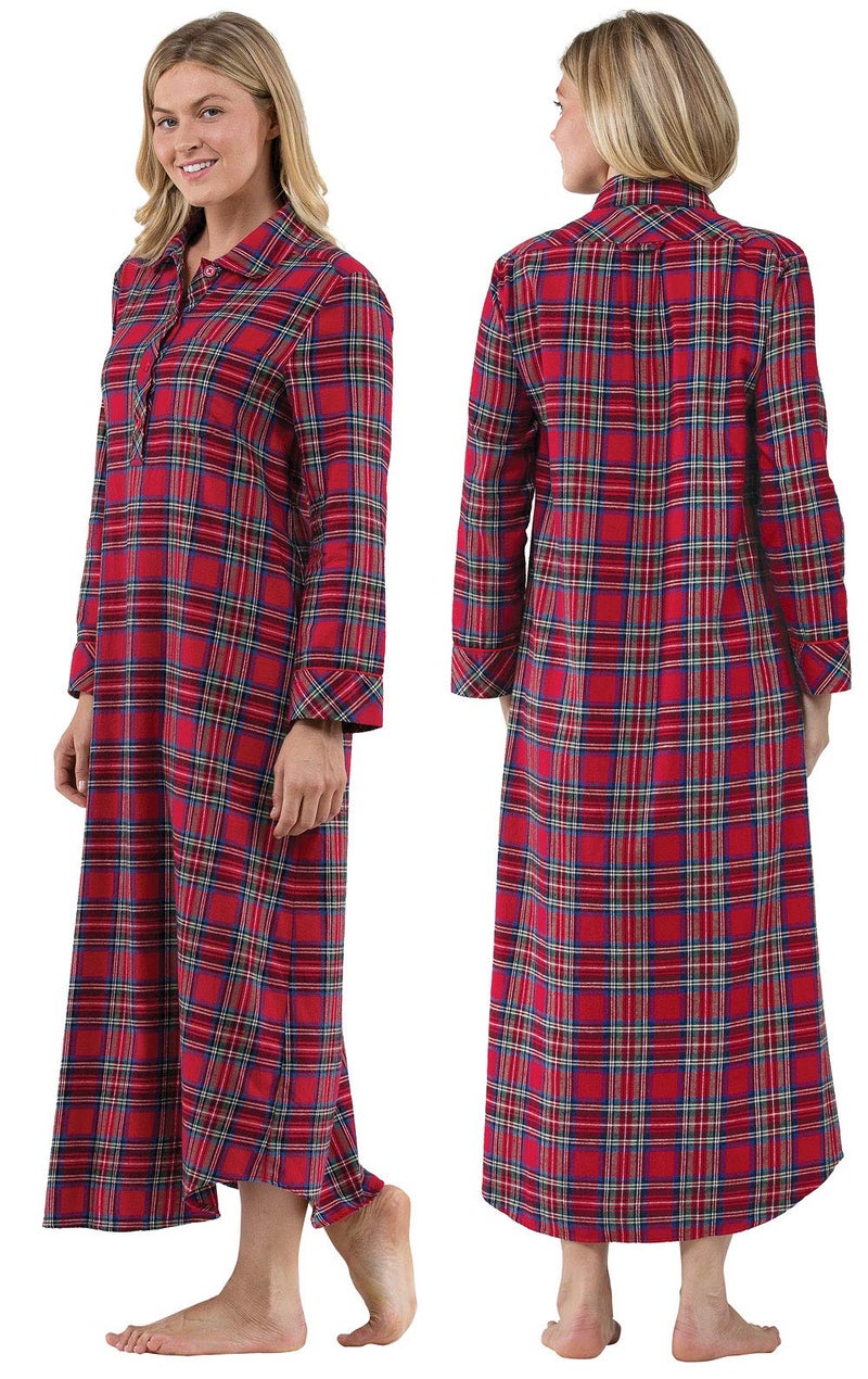 PajamaGram Flannel Nightgown - Women Nightgown, Red Stewart Plaid, XS - Image 2