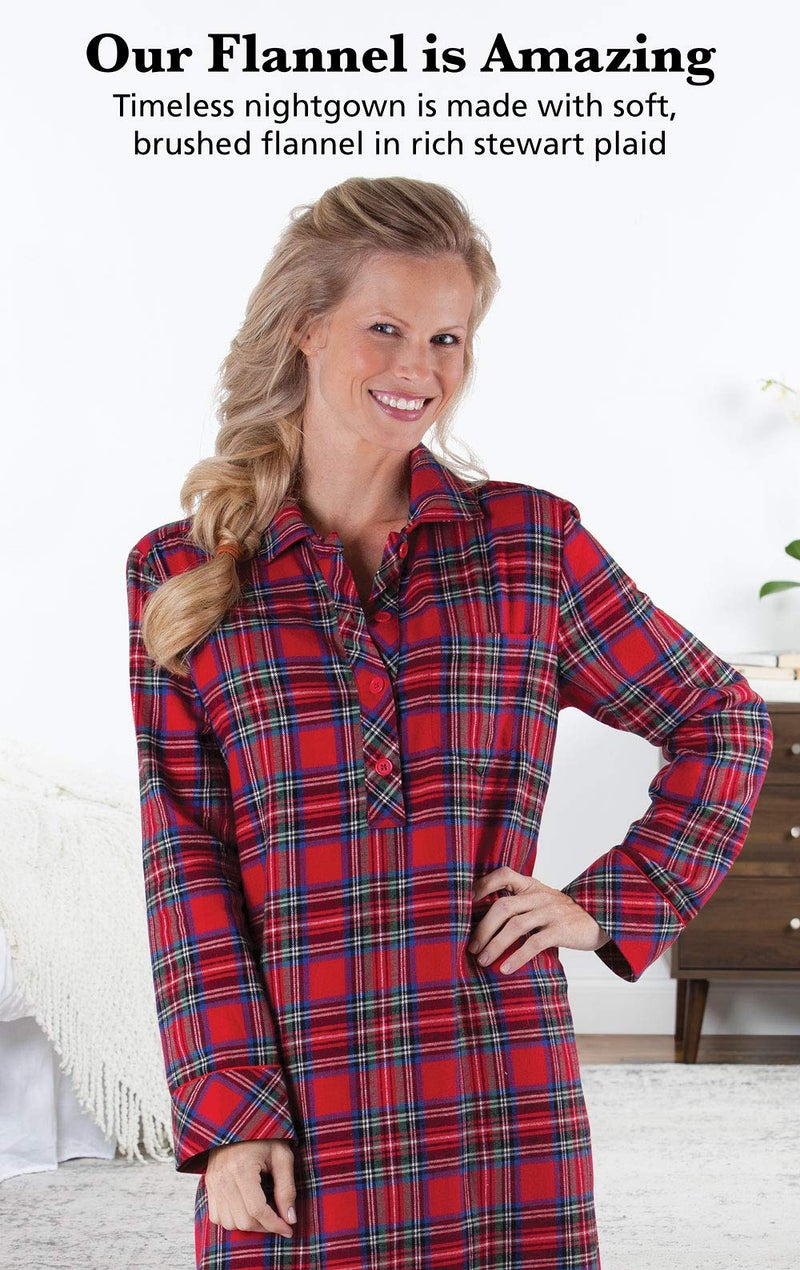 PajamaGram Flannel Nightgown - Women Nightgown, Red Stewart Plaid, XS - Image 3