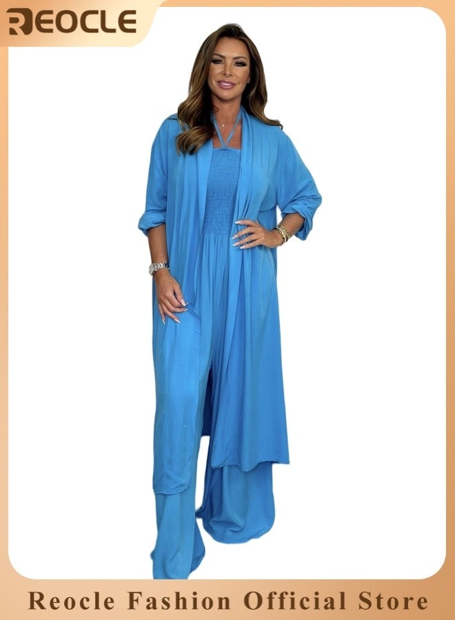 ريوكل طقم ملابس نسائي مكون من قطعتين متطابقتين بمقاس كبير، أفرول مكشكشة بفتحة رقبة على شكل حرف V مع كارديجان طويل مفتوح من الأمام - Image 1