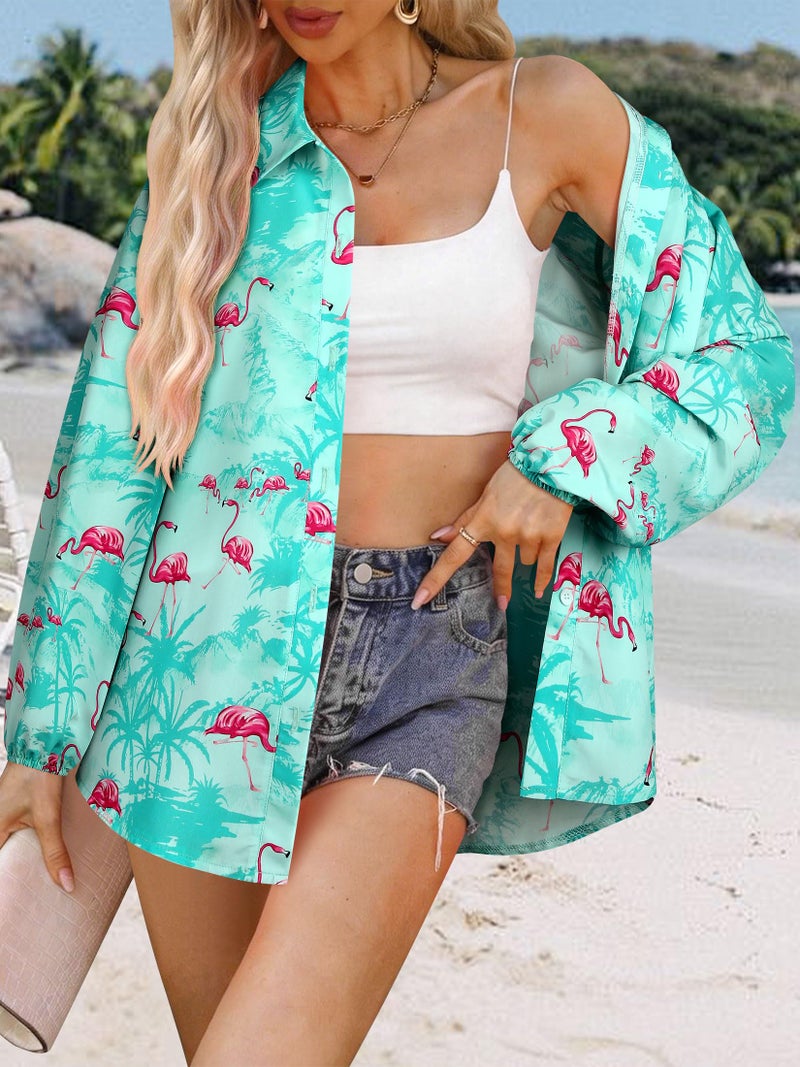 ZXZY Womens Hawaiian Tops and Blouses Long Sleeve Tropical Blouse Casual Summer Aloha Shirts Beach Vacation Shirt Luau Party Outfits, Lake Green L - Image 3