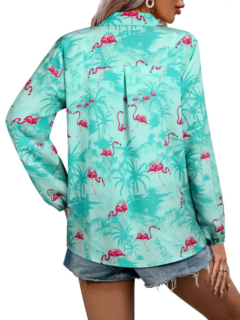 ZXZY Womens Hawaiian Tops and Blouses Long Sleeve Tropical Blouse Casual Summer Aloha Shirts Beach Vacation Shirt Luau Party Outfits, Lake Green L - Image 4