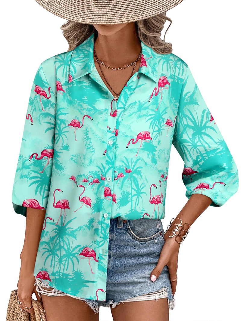 ZXZY Womens Hawaiian Tops and Blouses Long Sleeve Tropical Blouse Casual Summer Aloha Shirts Beach Vacation Shirt Luau Party Outfits, Lake Green L - Image 2