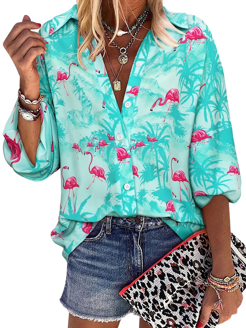 ZXZY Womens Hawaiian Tops and Blouses Long Sleeve Tropical Blouse Casual Summer Aloha Shirts Beach Vacation Shirt Luau Party Outfits, Lake Green L - Image 1