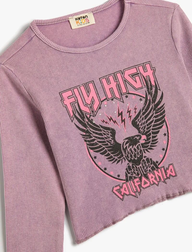 كوتون T-Shirt Long Sleeve Crew Neck Camisole Eagle Print Detailed Cotton