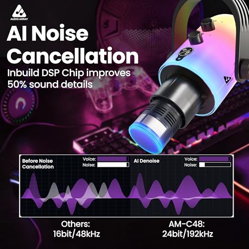 Audio Array AM-C48 XLR/USB Professional Full RGB Dynamic Microphone Kit | AI Noise Cancellation | Touch & Knob Controls | Built-in Headphone Monitoring | Podcasting, Recording, Streaming, YouTube - Image 2