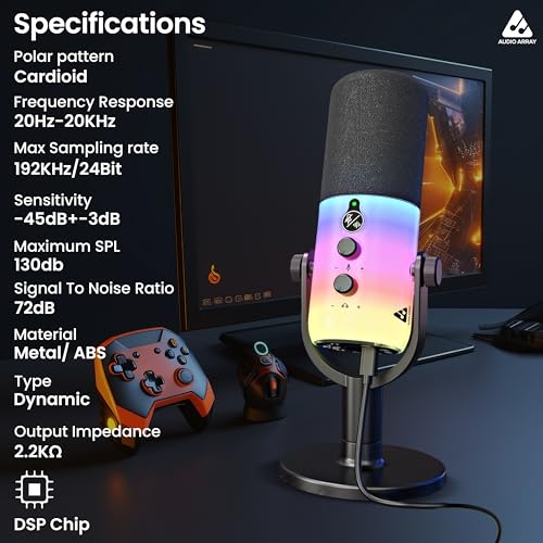 Audio Array AM-C48 XLR/USB Professional Full RGB Dynamic Microphone Kit | AI Noise Cancellation | Touch & Knob Controls | Built-in Headphone Monitoring | Podcasting, Recording, Streaming, YouTube - Image 3