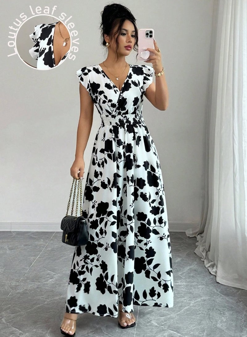 Shein Plant Printed Shirred Cinched Waist Cap Sleeve A-Line Dress For Women - Image 1