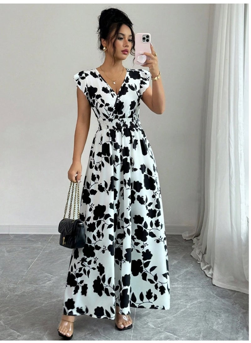 Shein Plant Printed Shirred Cinched Waist Cap Sleeve A-Line Dress For Women - Image 3